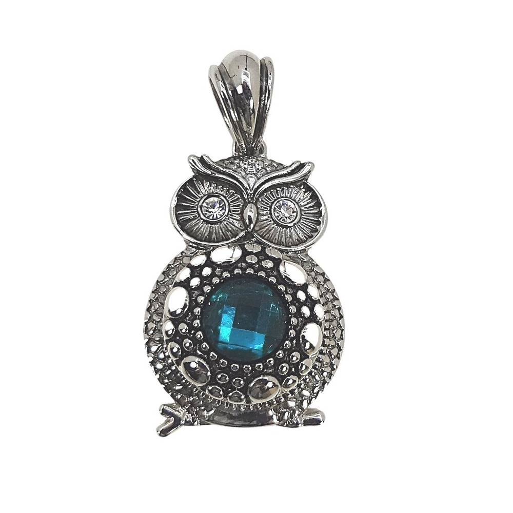 Silver Tone Owl Pendant Teal Blue Crystal Center Clear Stone Eyes Vintage Style